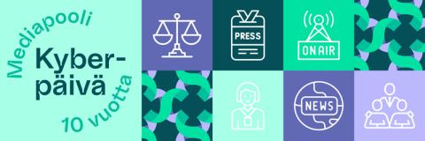 Kyberpäivä-tilaisuuden banneri, jossa kuvituskuvia ja teksti "Mediapooli Kyberpäivä 10 vuotta"